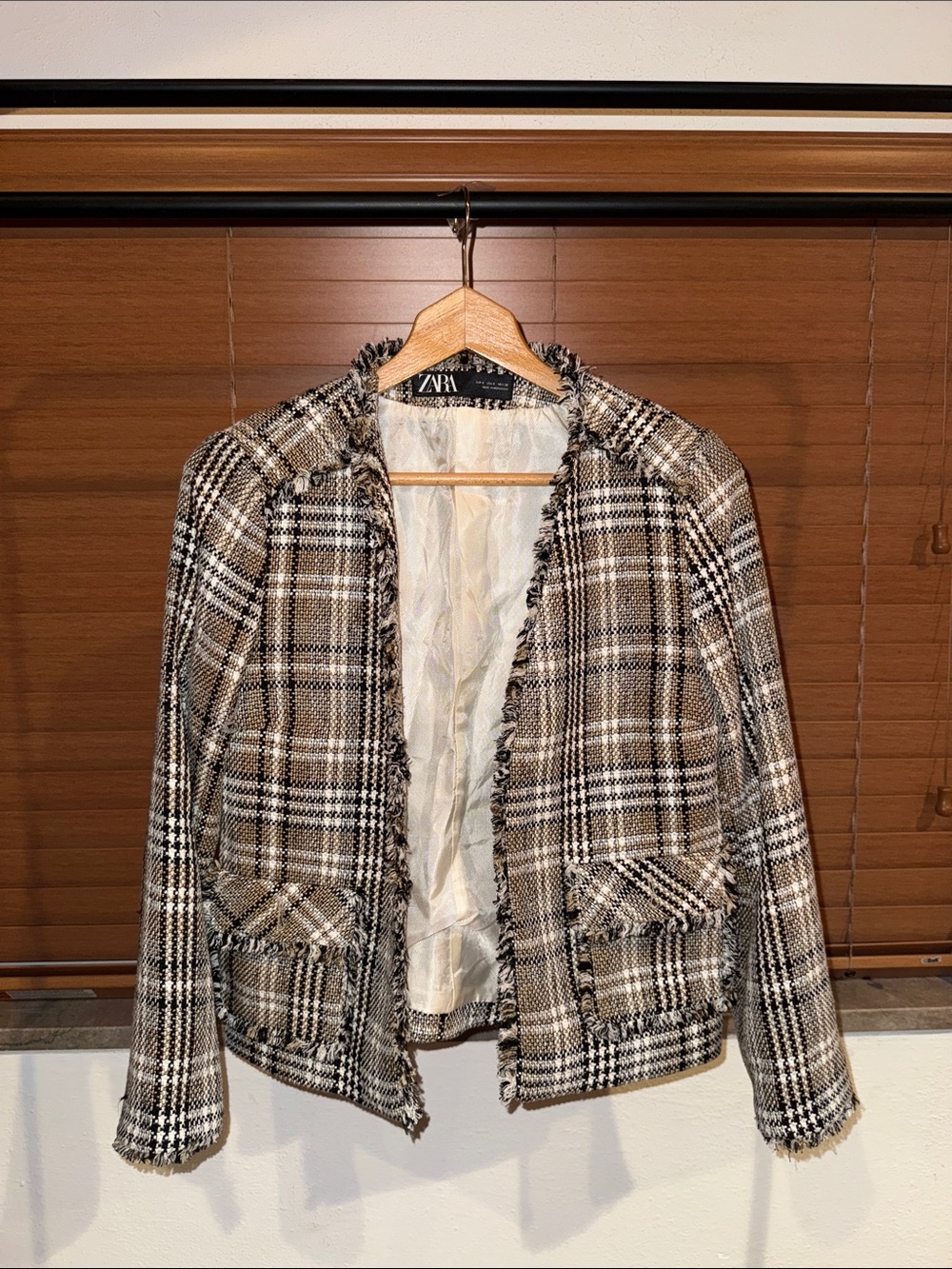 Zara Brown Plaid Fringe-Trim Tweed Jacket